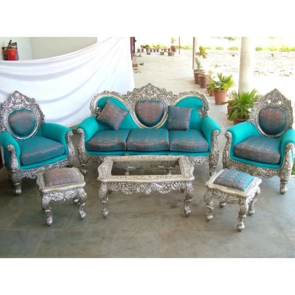 Royal Carved Teakwood Sofa Set – Handcrafted Antique Silver Finish