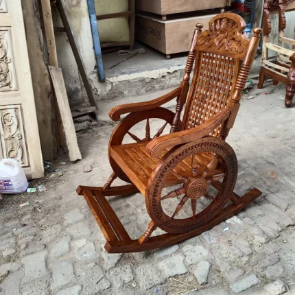 Handcrafted Teakwood Rocking Chair – Royal Wooden Jhula Chair from Saharanpur