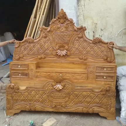 Royal Teakwood Carved Bed – Handcrafted Designer Bed with Storage Drawers