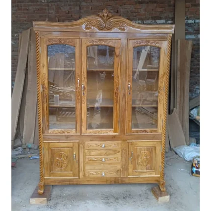 Handcrafted Teakwood Glass Showcase – Premium Crockery Cabinet with Storage Drawers