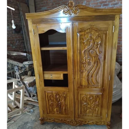 Handcrafted Teakwood Carved Almirah with Drawer & Peacock Design – Premium Wardrobe