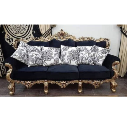 Royal Handcrafted Wooden Sofa – Gold Carving with Black Velvet Upholstery