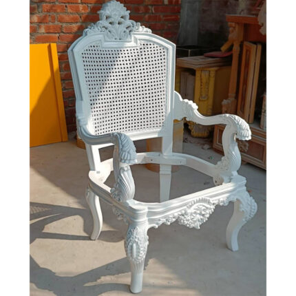 White Hand-Carved Wooden Chair Frame – Cane Backrest Design