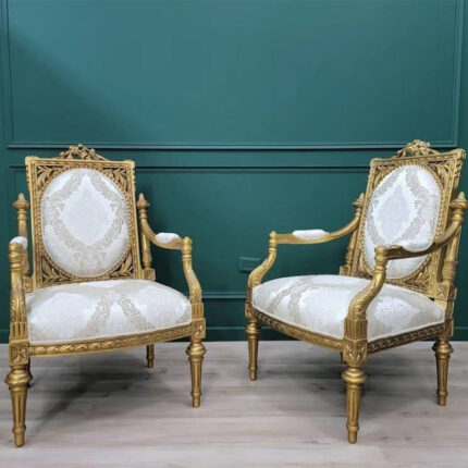 Royal Carved Wooden Chairs (Set of 2) – Gold Finish with Elegant Upholstery