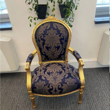 Royal Handcrafted Accent Chair – Gold Finish with Blue Damask Upholstery