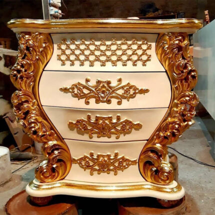 Royal Carved Chest of Drawers – White & Gold Finish with 3 Storage Drawers