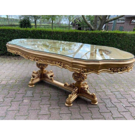 Royal Handcrafted Dining Table – Gold Finish with Glass Top