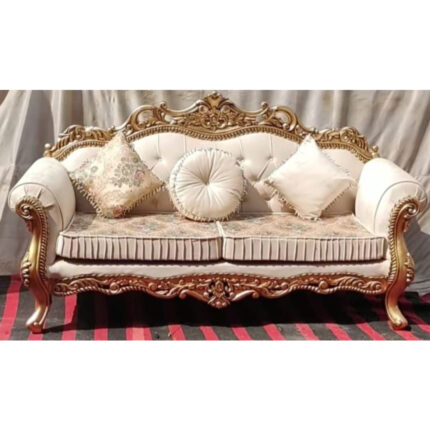 Royal Handcrafted 3-Seater Sofa – Cream Upholstery with Gold Carving