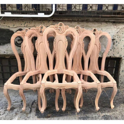 Set of Hand-Carved Wooden Chair Frames – Floral Back Design
