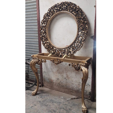 Luxury Gold Leaf Console Table with Ornate Round Mirror – Baroque Style by Saharanpur Artisans