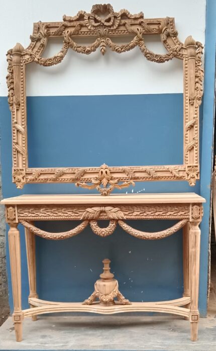 Handcrafted Wooden Console Table with Mirror – Classic Carved Design