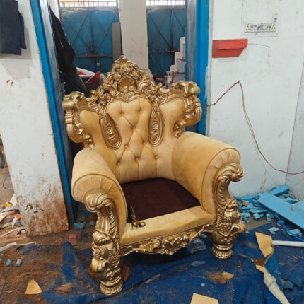 Royal Maharaja Throne Chair – Handcrafted Gold-Finished Wooden Armchair with Velvet Upholstery